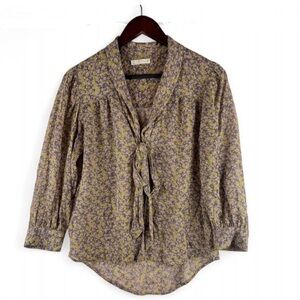 Nordstrom Hinge Tie Front Floral 100% Silk Blouse Shirt XS Boho Business Work
